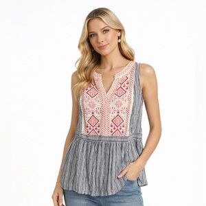 EUC Andree by Unit Size‎ Medium Boho Striped Sleeveless Top Embroidered Detail